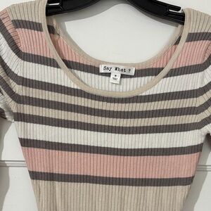 Say What? Ribbed Knit Fitted Dress with Pink, Gray, and Cream Stripes